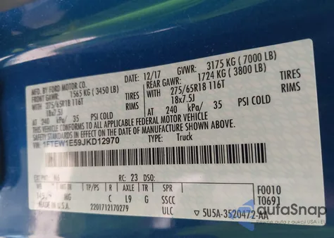 2018 Ford F-150 Xlt z USA, uszkodzony, nr VIN 1FTEW1E59JKD12970